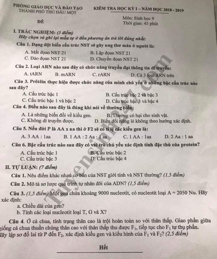 De thi hoc ky 1 lop 9 mon Sinh - Phong GD TP. Thu Dau Mot nam 2018