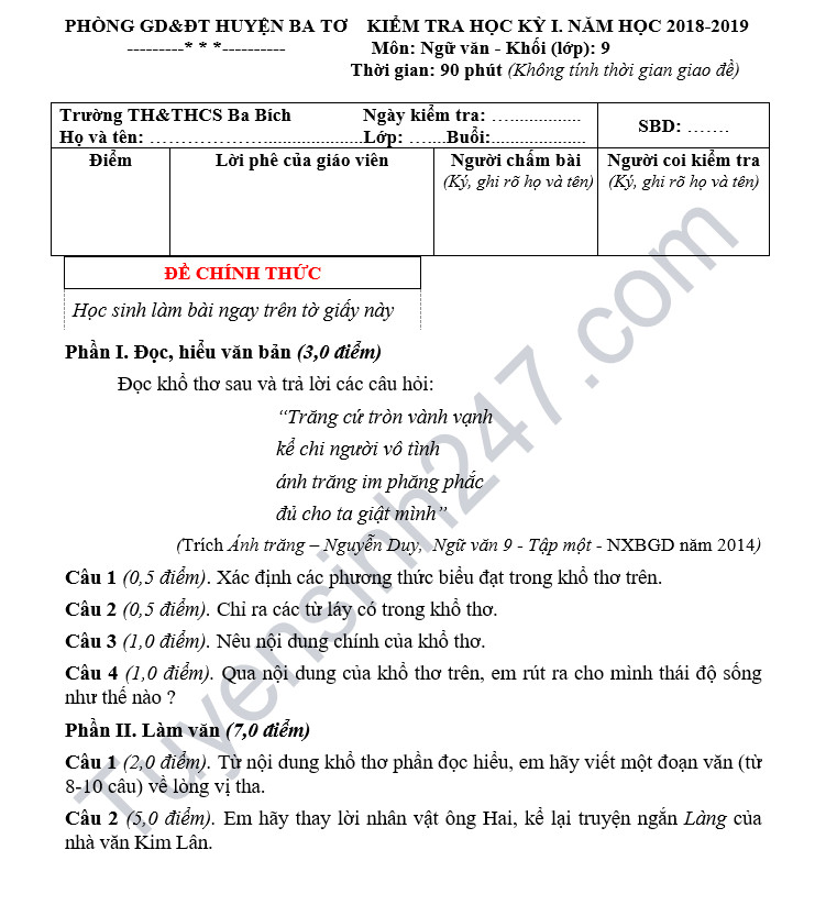 De thi hoc ky 1 lop 9 mon Van - TH&THCS Ba Bich nam 2018