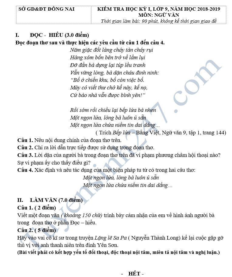 De thi hoc ky 1 lop 9 mon Van - So GD Dong Nai nam 2018