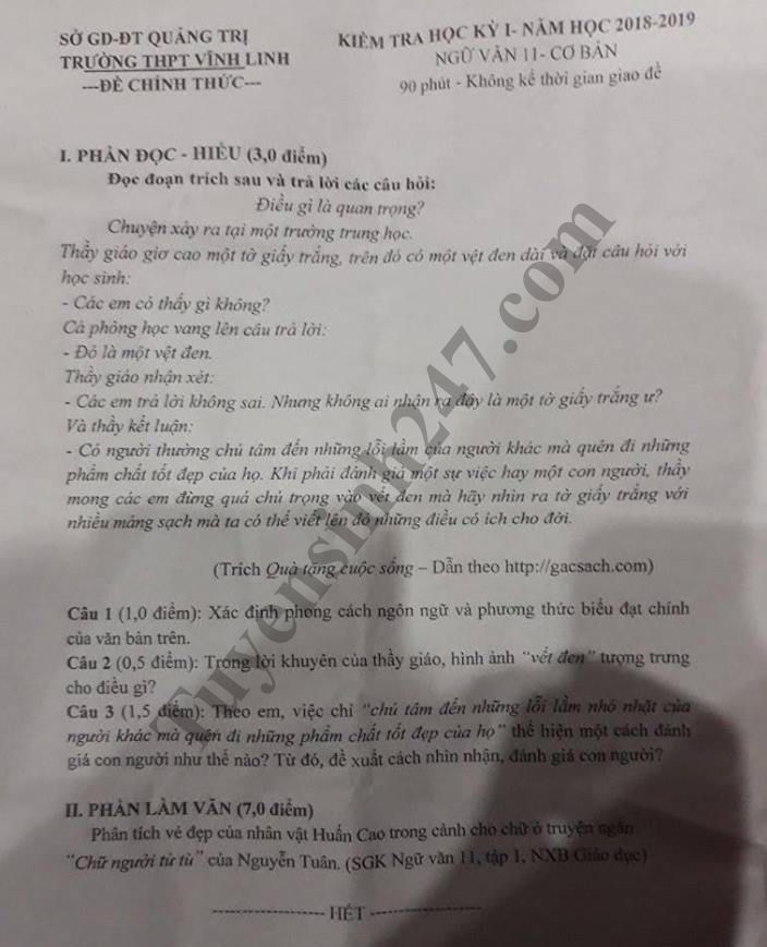 De thi hoc ky 1 lop 11 mon Van - THPT Vinh Linh nam 2018