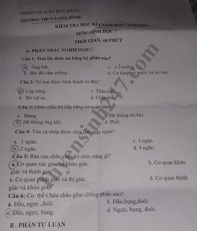 De thi hoc ky 1 lop 7 mon Sinh - THCS Long Binh nam 2018