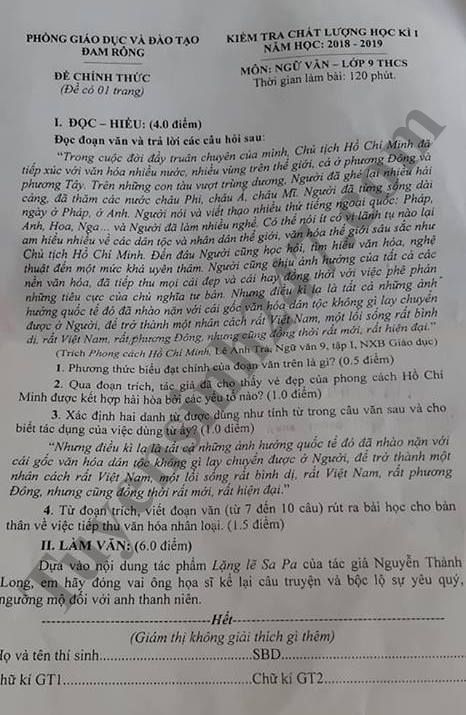De thi hoc ky 1 lop 9 mon Van - Phong GD Dam Rong 2018