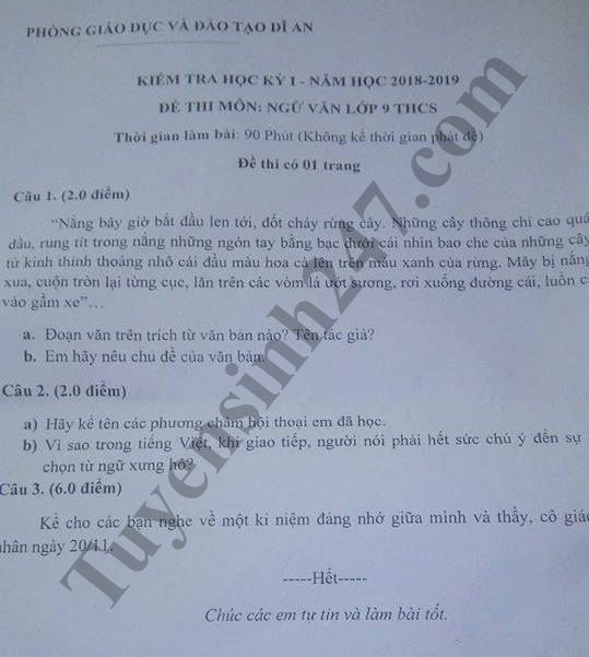 De thi hoc ky 1 lop 9 mon Van - Phong GD Di An nam 2018