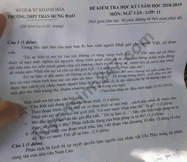 De thi ki 1 mon Van lop 11 THPT Tran Hung Dao - Khanh Hoa 2018