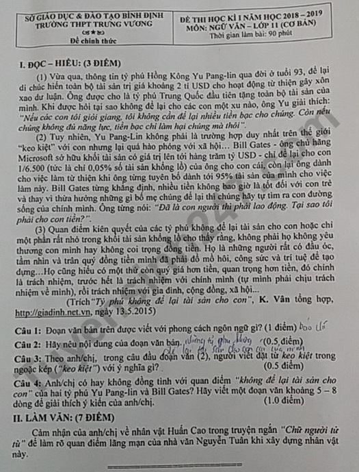 De thi hoc ki 1 lop 11 mon Van THPT Trung Vuong 2018