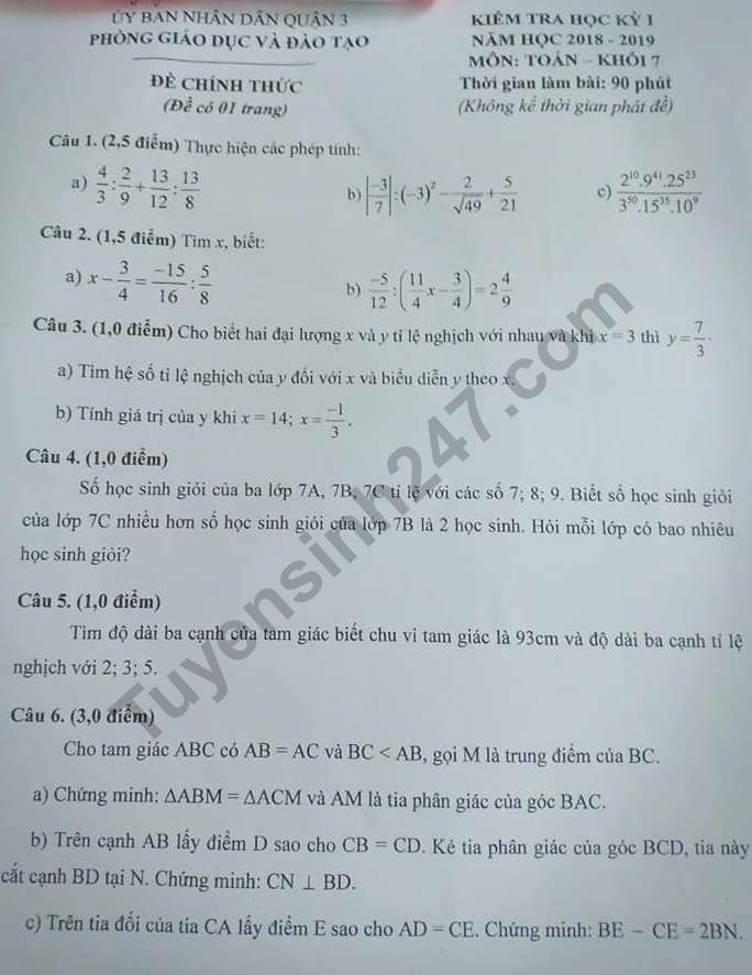 De thi hoc ki 1 lop 7 mon Toan Quan 3 nam 2018