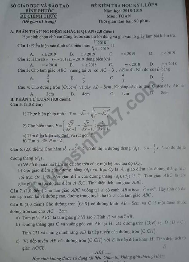De thi ki 1 lop 9 mon Toan So GD Binh Phuoc 2018