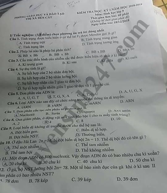 De thi hoc ky 1 lop 9 mon Sinh - Phong GD Thi tran Ben Cat 2018