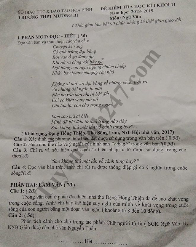 De thi hoc ky 1 lop 11 mon Van - THPT Muong Bi nam 2018