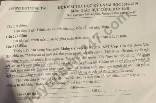 De thi ki 1 lop 10 mon GDCD 2018 - 2019 THPT Vung Tau