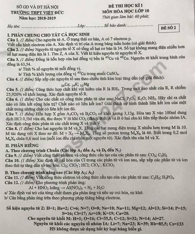 De thi ki 1 lop 10 mon Hoa THPT Viet Duc 2018