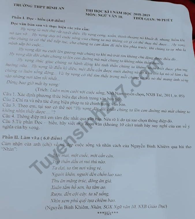 De thi ki 1 mon Van lop 10 THPT Binh An 2018