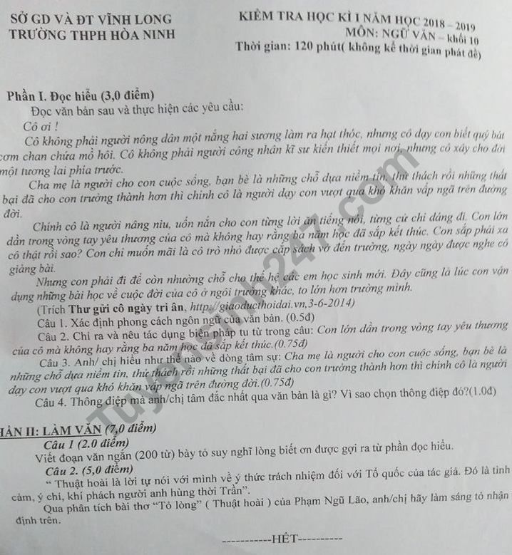 De thi ki 1 lop lop 10 mon Van THPT Hoa Ninh 2018