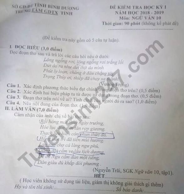 De thi ki 1 lop 10 mon Van TTGDTX Binh Duong 2018