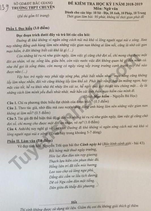 De thi ki 1 lop 10 mon Van THPT Chuyen Bac Giang 2018