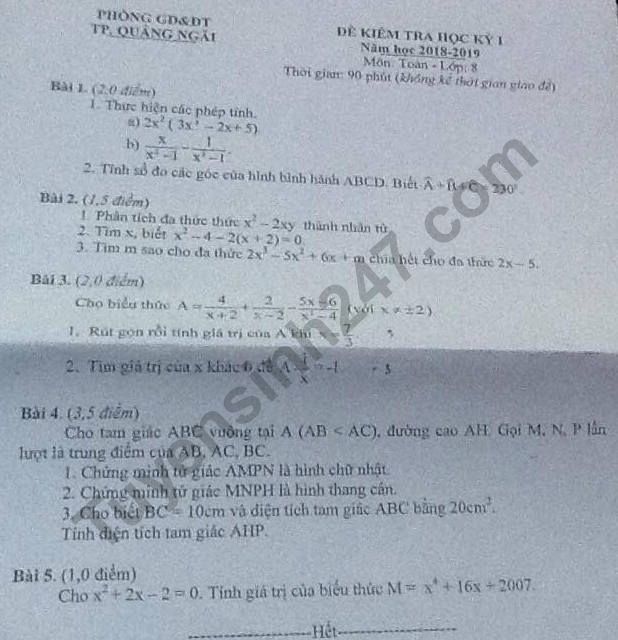De thi ki 1 lop 8 mon Toan nam 2018 - Quang Ngai