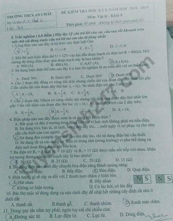 De thi ki 1 lop 9 mon Ly THCS An Chau 2018