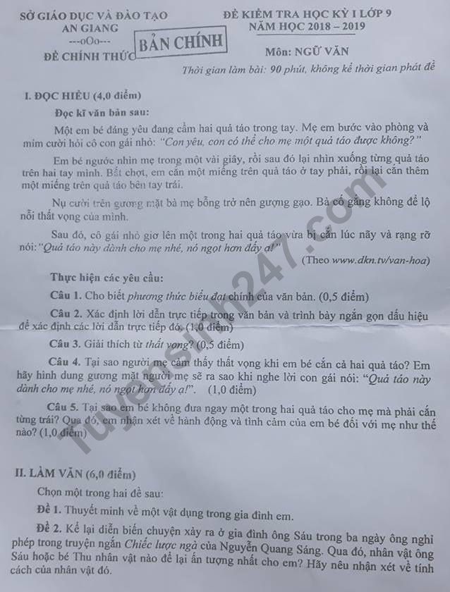 De thi ki 1 lop 9 mon Van 2018 - So GD An Giang