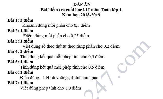 De thi hoc ky 1 lop 1 mon Toan - Tieu hoc Da Kao nam 2018