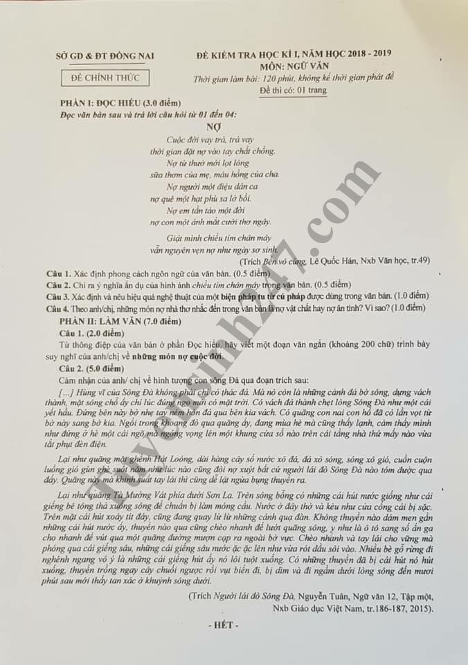 De thi hoc ky 1 lop 12 mon Van - So GD Dong Nai nam 2018