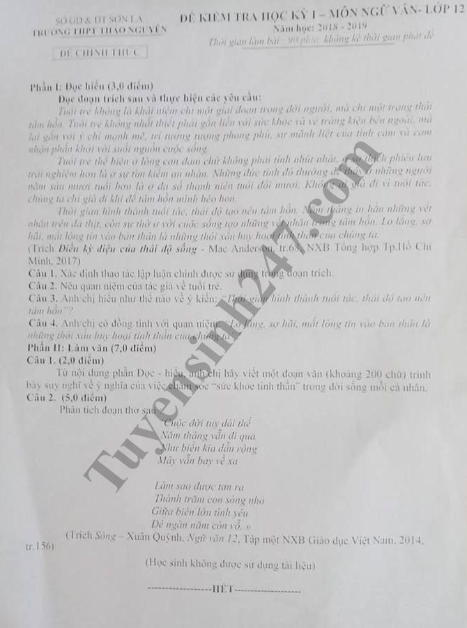 De thi hoc ky 1 lop 12 mon Van - THPT Thao Nguyen 2018