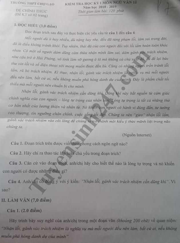 De thi hoc ky 1 lop 12 mon Van nam 2018 - THPT Cho Gao