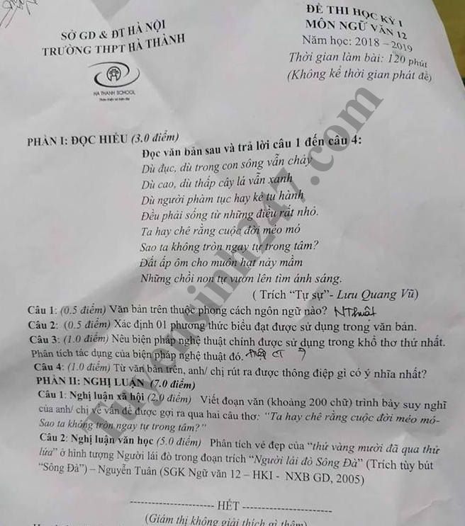De thi hoc ky 1 lop 12 mon Van - THPT Ha Thanh nam 2018