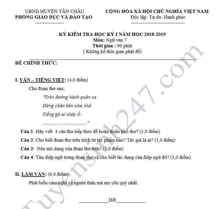 De thi hoc ky 1 lop 7 mon Van - Phong GD Huyen Tan Chau nam 2018