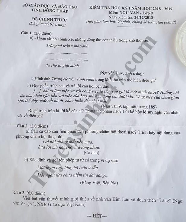 De thi hoc ky 1 lop 9 mon Van - So GD Tinh Dong Thap 2018