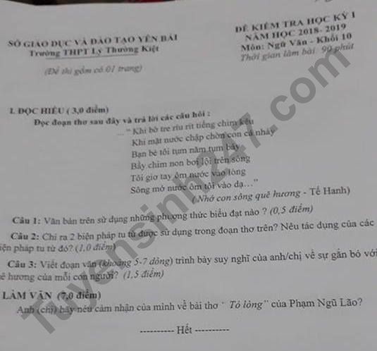 De thi hoc ki 1 lop 10 mon Van THPT Ly Thuong Kiet 2018