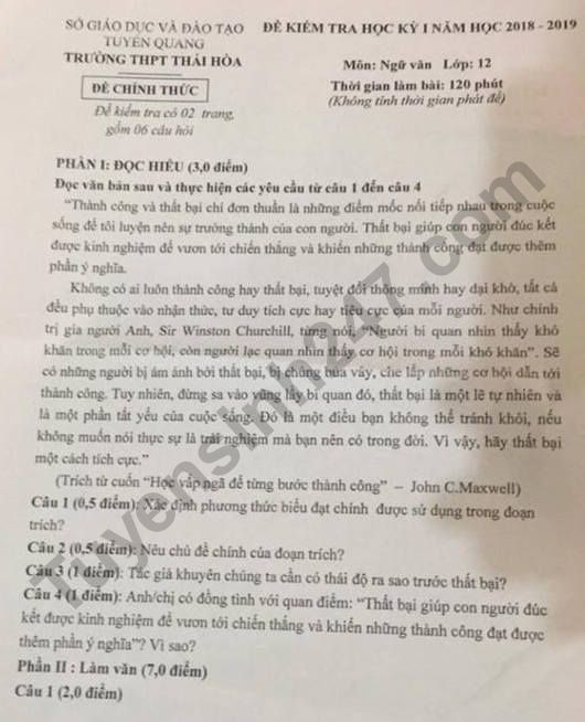 De thi hoc ki 1 lop 12 mon Van THPT Thai Ha 2018