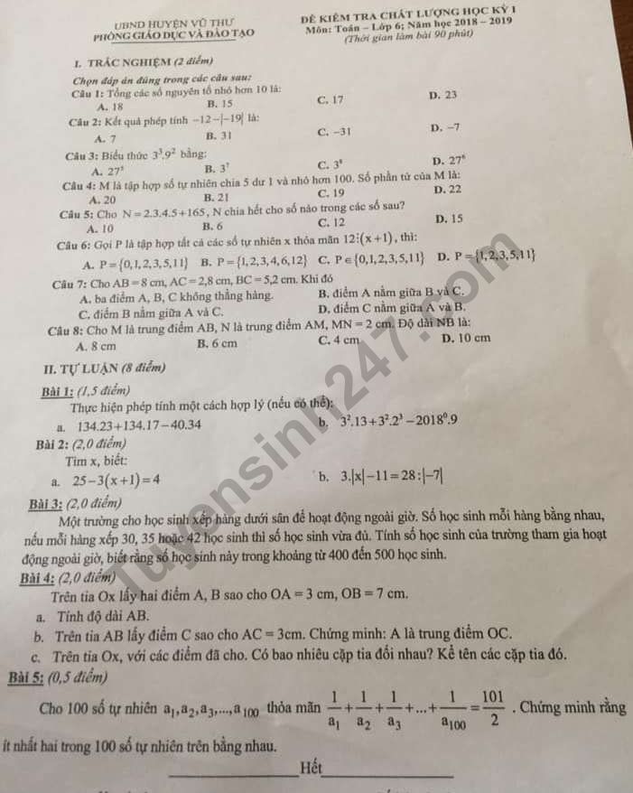 De thi ki 1 lop 6 mon Toan Vu Thu 2018