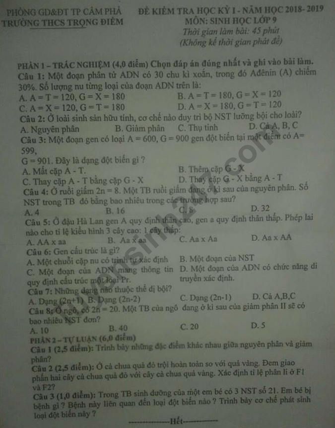 De thi hoc ki 1 lop 9 mon Sinh THCS Trong Diem 2018