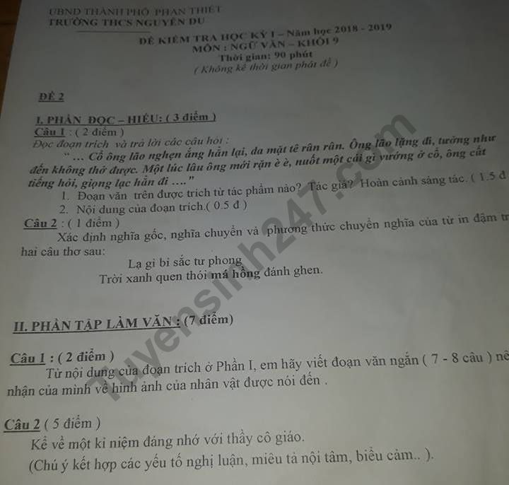 De thi hoc ki 1 lop 9 mon Van THCS Nguyen Du 2018