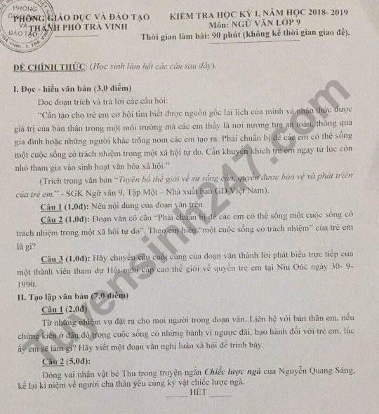 De thi ki 1 lop 9 mon Van 2018 - Tra Vinh