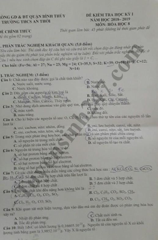De thi hoc ky 1 lop 8 mon Hoa - THCS An Thoi nam 2018
