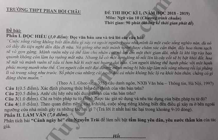 De thi hoc ky 1 lop 10 mon Van - THPT Phan Boi Chau nam 2018