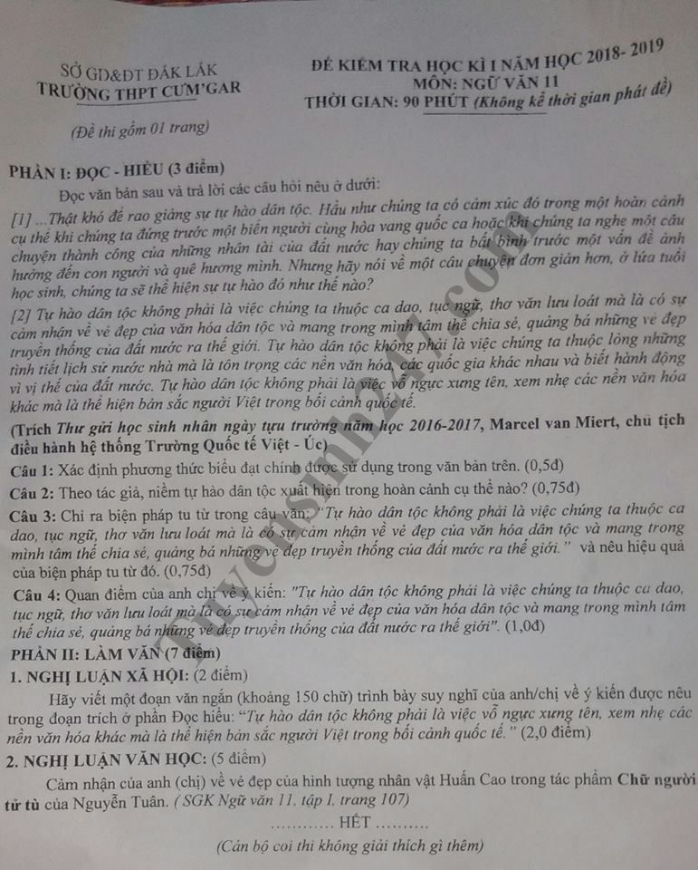 De thi hoc ky 1 lop 11 mon Van - THPT Cum\'gar nam 2018