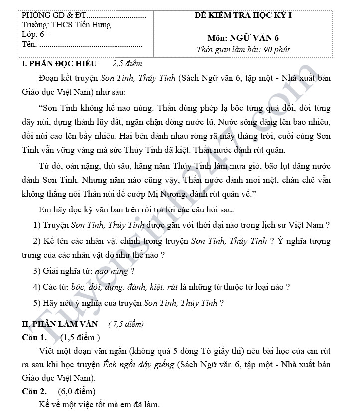 De thi hoc ky 1 lop 6 mon Van - Tieu hoc Tien Hung nam 2018