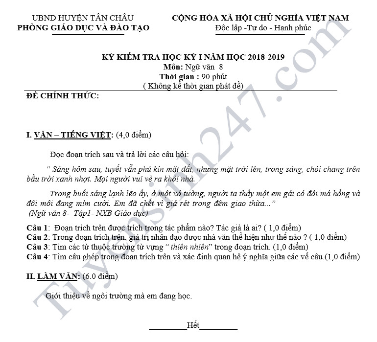 De thi hoc ky 1 lop 8 mon Van - Phong GD Tan Chau nam 2018
