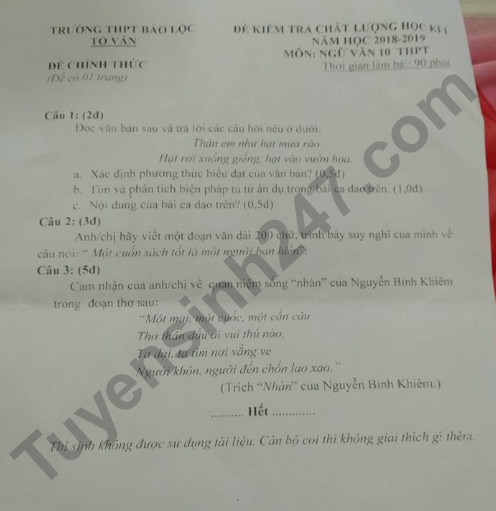 De thi ki 1 lop 10 mon Van 2018 - THPT Bao Loc