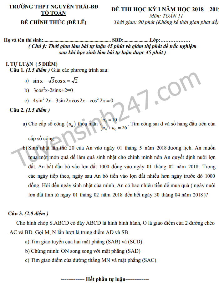 De thi ki 1 lop 11 mon Toan THPT Nguyen Trai 2018