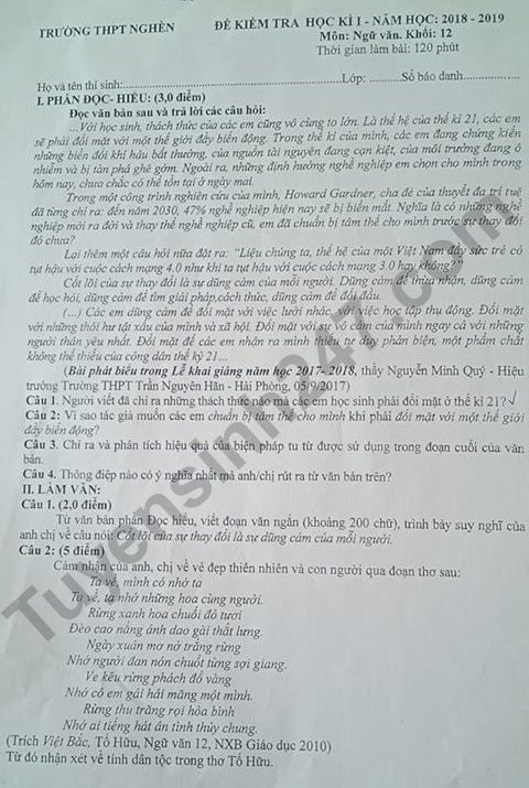 De thi ki 1 lop 12 mon Van THPT Nghen 2018