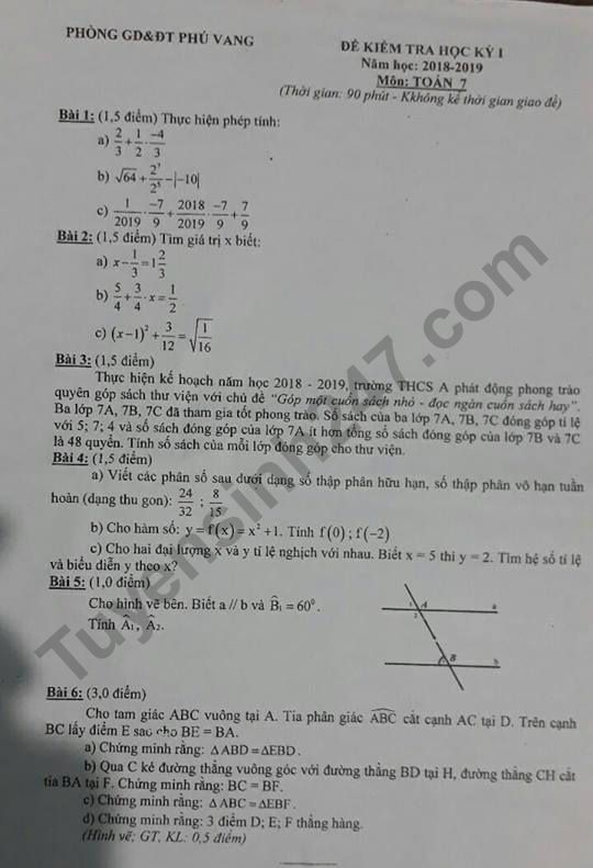 De thi hoc ki 1 lop 7 mon Toan 2018 - Phu Vang