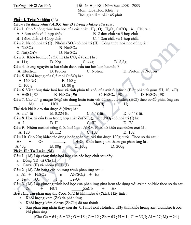 De thi hoc ky 1 lop 8 mon Hoa - THCS An Phu nam 2018