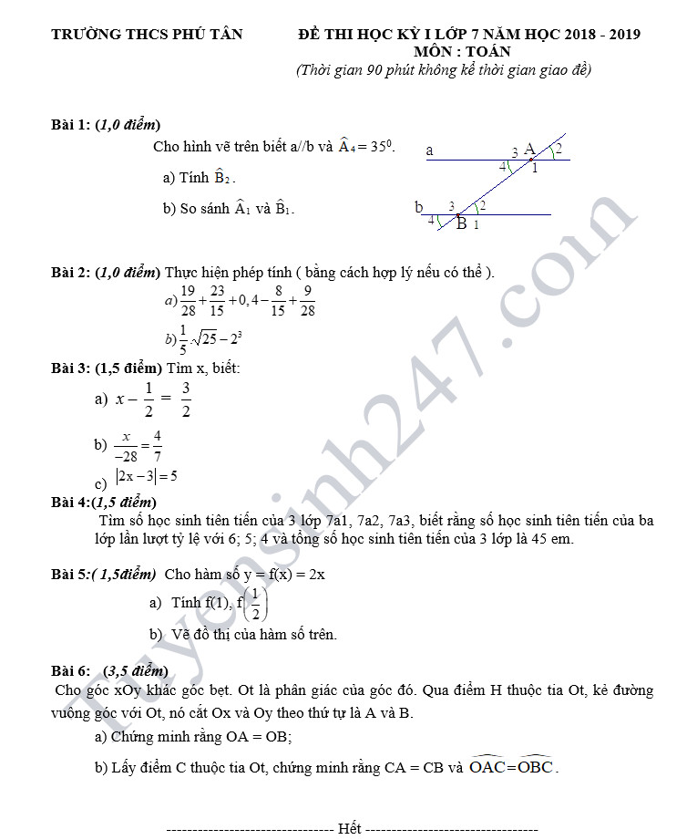 De thi hoc ky 1 lop 7 mon Toan - THCS Phu Tan nam 2018