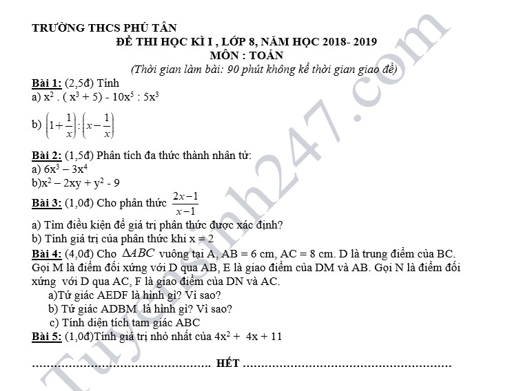 De thi hoc ky 1 lop 8 mon Toan - THCS Phu Tan nam 2018