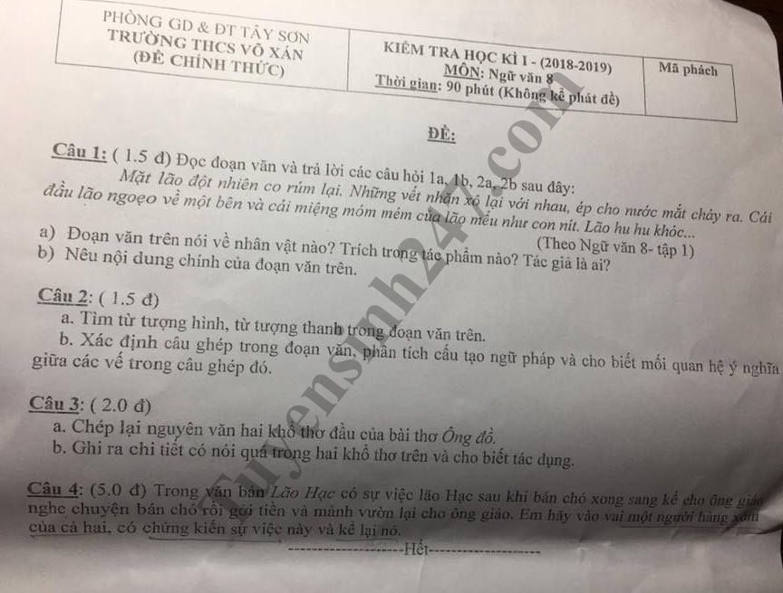 De thi hoc ky 1 lop 8 mon Van - THCS Vo Xan nam 2018