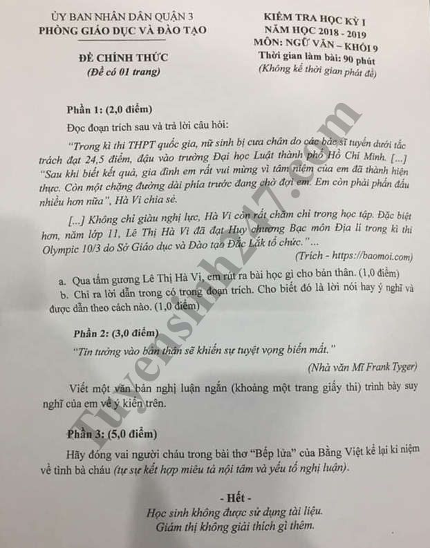De thi hoc ky 1 lop 9 mon Van - Phong GD Quan 3 nam 2018