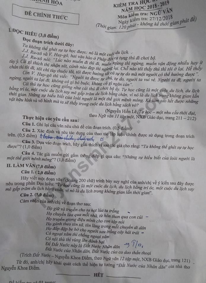 De thi hoc ki 1 lop 12 mon Van 2018 - Khanh Hoa